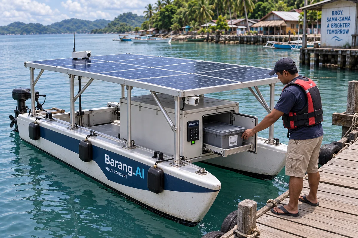 Concept rendering of a compact Barang.AI cargo boat with a full solar canopy and a PIN-secured compartment beside a community dock.