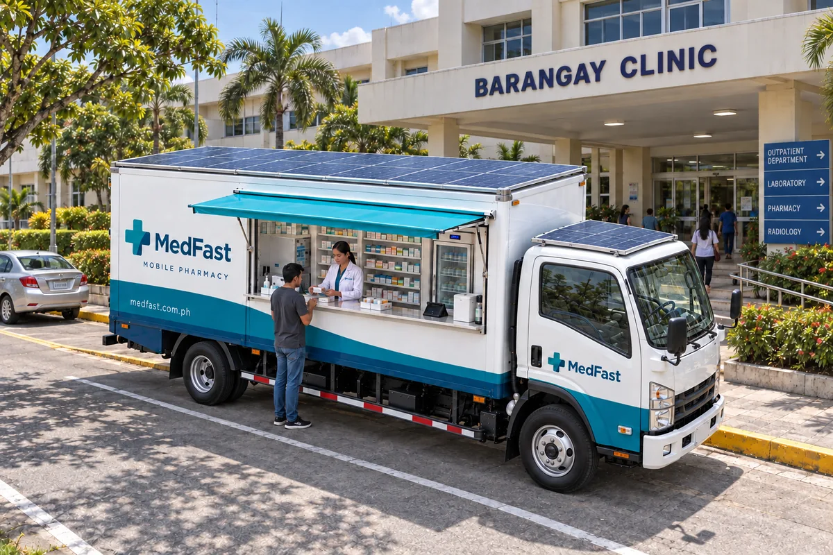 Full-size MedFast mobile pharmacy concept in a service bay outside a barangay clinic, with a solar-covered roof and an adult customer at the pharmacist’s counter.
