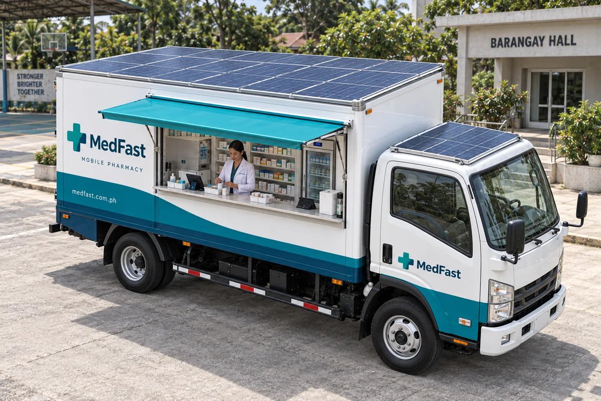 Concept rendering of a MedFast mobile pharmacy at a barangay hall, with solar panels covering the truck roof and a pharmacist at the service counter.